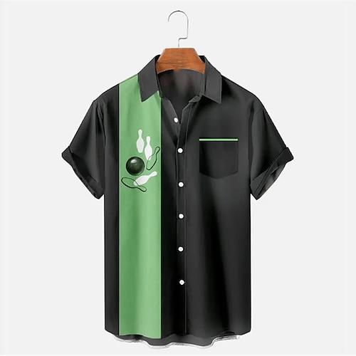 Herren Bowlingkugel Hemd Bowling-Shirt Kurzarm Tropisch Modisch Hawaiianisch Outdoor Strand Sommer Frühling Umlegekragen Bedruckt Button-Down Gelb Rote Blau Grün Grau