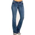 Damen-Jeans mit niedrigem Bund, ausgestellte Hose, Schlaghose, durchgehender Denim, Seitentaschen, weites Bein, mikroelastisch, modisch, lässig, für die Straße, Blau, Tiefblau, S. M