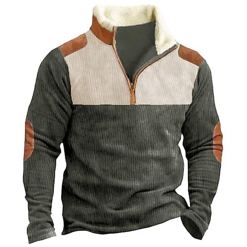 Herren Sweatshirt Pullover Reißverschluss-Sweatshirt Cord-Sweatshirt Schwarz Blau Braun Troyer Halber Reißverschluss Farbblock Patchwork Sport Natur Täglich Festtage Vlies Strassenmode Brautkleider