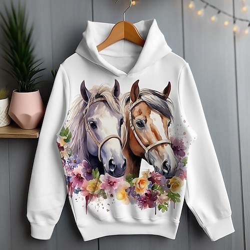 Mädchen 3D Blumen Pferd Kapuzenshirt Pullover Langarm 3D-Druck Frühling Herbst Aktiv Modisch Kuschelig kinderkleidung 3-12 Jahre Mit Kapuze Outdoor Casual Täglich Regular Fit Image