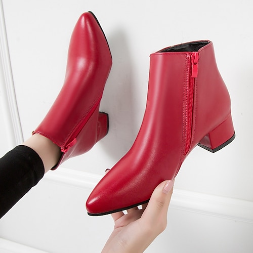 Rote Damenstiefeletten – spitze Stiefeletten aus Kunstleder mit Blockabsatz und seitlichem Reißverschluss für Büro-, Freizeit- und Herbst-Winter-Outfits