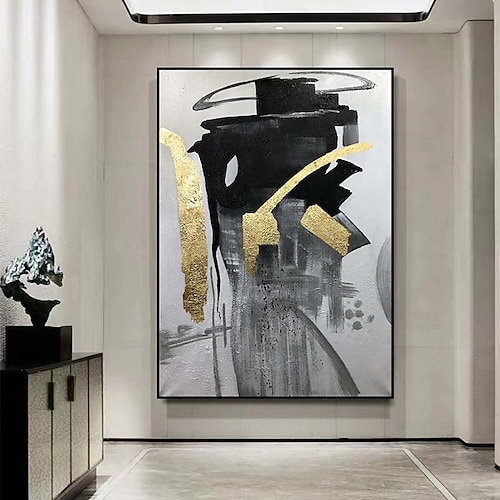 Großes, handgefertigtes Goldfoliengemälde, handgemaltes Schwarz-Weiß-Ölgemälde, Wandkunst, abstrakte Gemälde, abstrakte Kunst, beige, weiß, minimalistisches Gemälde auf Leinwand, Dekor, gerollte Image