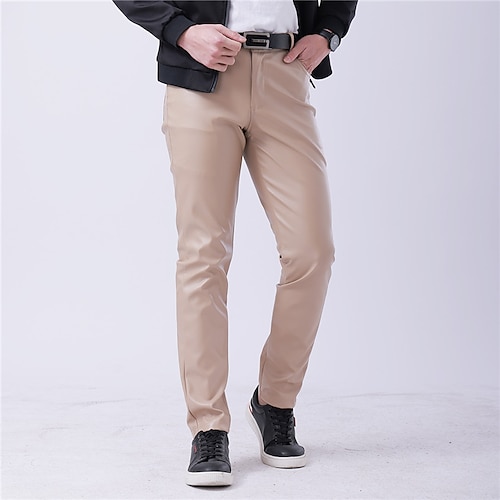 Herren Hose Hosen Lederhose Kunstlederhose Freizeithose Tasche Gerade geschnitten Glatt Dehnbar Party Freizeitskleidung Modisch Strassenmode Schwarz Weiß Image