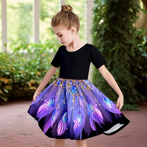 Mädchen' 3D Pfau Kleid Kurzarm 3D-Druck Sommer Täglich Festtage Brautkleider schlicht Schön kinderkleidung 3-12 Jahre Casual kleid Skater-Kleid Übers Knie Regular Fit Image