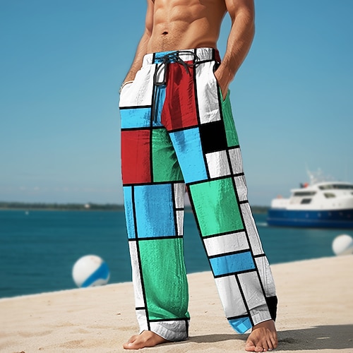 Plaid-Farbblock-Herren-Resort-Freizeithose mit 3D-Druck, elastische Taille, Kordelzug, lockere Passform, gerades Bein, Sommer-Strandhose, S bis 3XL Image