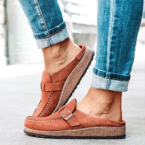 Damen-Slipper aus Wildlederimitat – lässiger, bequemer Flat mit Schnallendetail und gepolsterter Korksohle für den Alltag Image