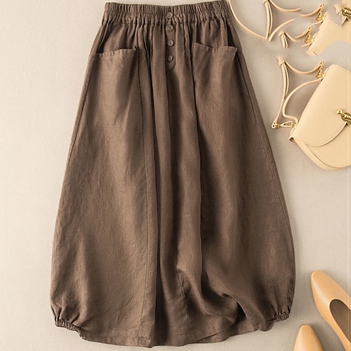 Damen Basic Lässig Midi Hohe Taille Röcke Einfarbig Tasche Alltagstauglich Wochenende Schwarz Armeegrün Marineblau Khaki Sommer Baumwolle und Leinen Image