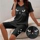 Damen T Shirt Shorts-Sets Katze Casual Bedruckt Schwarz Kurzarm Modisch V Ausschnitt Sommer