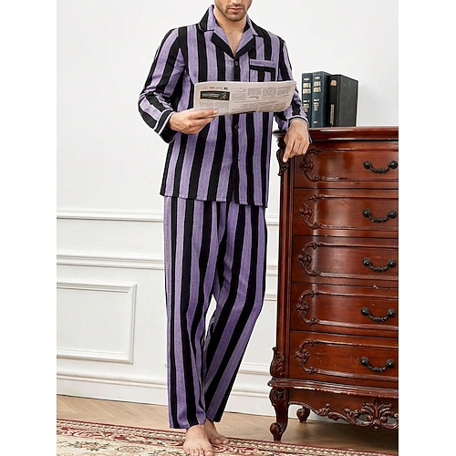Herren Hausanzug Schlafanzüge Schlafanzug Set Pyjama-Oberteil und Hose 2 Stück Streifen Stilvoll Brautkleider schlicht Komfort Heim Täglich Baumwolle Komfort Kargen Langarm Hemd Hose Kordelzug Image