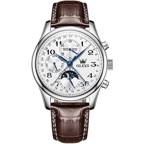 OLEVS Herren mechanical Uhr Kalender Luxus wasserdichte Armbanduhr Automatik Selbstaufzug Mondphasen-Dualdisplay-Kalender Edelstahlarmbanduhr