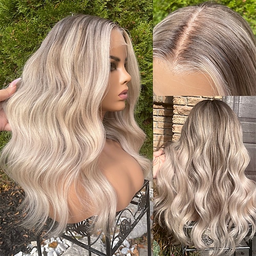 platin-aschblond spitzefront menschliches haar perücken 13x4 spitze frontal perücke dunkelblonde wurzeln vorgezupft 130%/150%/180% dichte lange gewellte perücke für frauen Image