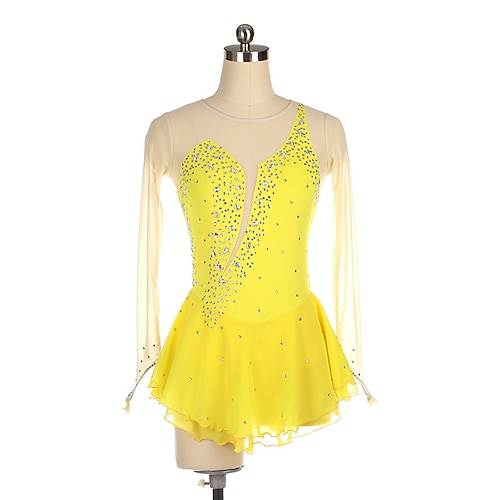 Eiskunstlaufkleid Damen Mädchen Eislaufen Kleider Schwarz Gelb Rosa Gitter Spandex Hochelastisch Ausbildung Wettbewerb Eiskunstlaufkleidung Kristalle Langarm Eislaufen Eiskundstlauf