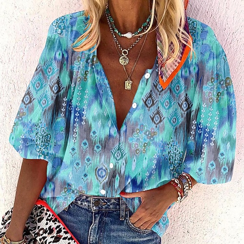 Damenbluse Basic Druck Langarm Reguläre Oberteile Lässig Pink Blau Grün Frühling Herbst Image