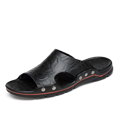 Schwarze Slipper-Sandalen aus Leder für Herren – lässige Strand-Slipper mit offener Spitze, Nietendesign und bequemer Sohle Image