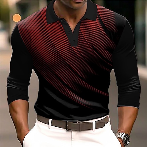 Herren Geometrisch Poloshirts Golfshirt Langarm Polo-Shirts Hemden mit Kragen Business-Casual Arbeitskleidung Formelle Kleidung Festivalkleidung 3D-Druck Knöpfe Herbst Winter Weiß Wein Blau Image