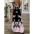 Maxikleid für Damen, langes Freizeitkleid, Sommerkleid, bedrucktes Kleid, modisch, Streetwear, Outdoor, Urlaub, Alltag, bedruckt, kurzärmlig, V-Ausschnitt, normale Passform, schwarz, weiß, rosa, Sommer, Frühling, S, M, L, XL, XXL