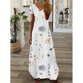 Maxikleid für Damen, langes Freizeitkleid, Sommerkleid, bedrucktes Kleid, modisch, Streetwear, Outdoor, Urlaub, Alltag, bedruckt, kurzärmlig, V-Ausschnitt, normale Passform, schwarz, weiß, rosa, Sommer, Frühling, S, M, L, XL, XXL