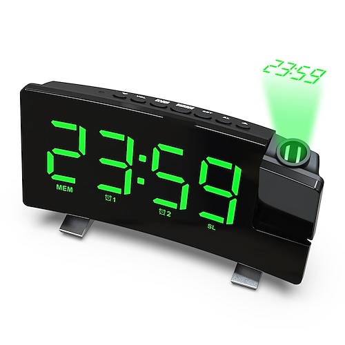 Projektionsuhren, FM-Radio, gebogener Bildschirm, digitaler Wecker, LED-Display mit Dimmer, Dual-Alarm mit USB-Ladeanschluss, 12/24-Stunden-Backup-Batterie für die Uhreinstellung Image