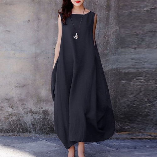Damen Maxikleid 100% Baumwolle Shiftkleid Sommerkleid Freizeitkleid Basic Lässig Reifen Täglich Outdoor Urlaub Lässiger Schnitt Einfarbig Ärmellos U-Boot-Ausschnitt Purpur Braun Dunkelblau Sommer Image