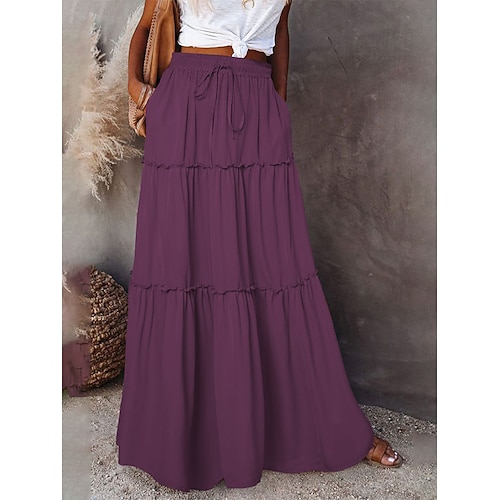 Damen Mode Lässig Maxi Hohe Taille Röcke Einfarbig Gerafft Kordelzug Rüsche Täglich Urlaub Blau Violett Schwarz Gelb Frühling Sommer Image