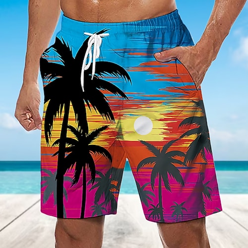 Herren Kokosnussbaum Sonnenuntergang Boardshorts Badeshorts Badehose Schwimmshorts Bademode Mittlere Taillenlinie Hawaiianisch Boho Festtage Strand Kordelzug mit Mesh-Futter Elastische Taille Designer Image