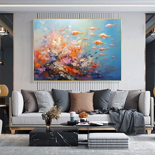 handgemaltes abstraktes Ölgemälde mit schwimmenden Fischen auf Leinwand, extra großes handgemachtes Wandkunstgemälde, blaues Ozeankunstgemälde, individuelles Gemälde, minimalistisches Kunstwerk für Image
