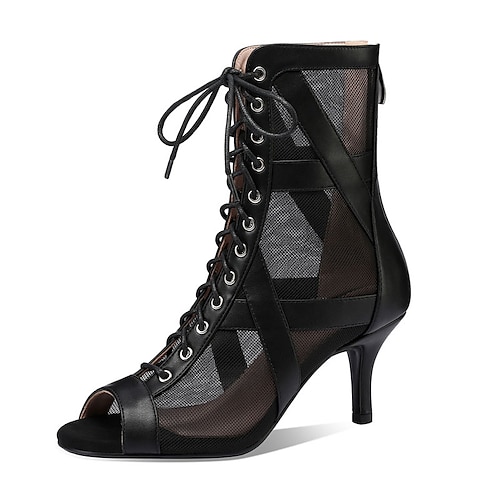 Schwarze Tanzstiefel aus Mesh mit Schnürung für Damen, offener Spitze und Stilettoabsatz – ideal für Gesellschafts- und lateinamerikanische Tänze