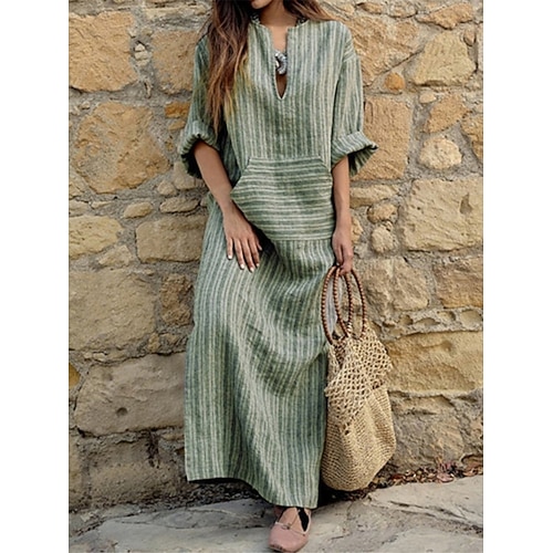Damen Maxikleid Kunstbaumwollleinen Kaftan Kleid Freizeitkleid Moderner Stil Täglich Wochenende Lässiger Schnitt Gestreift Langarm V-Ausschnitt Rote Grün Grau Sommer Frühling Image