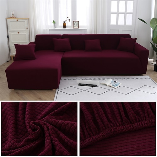 Stretch-Sofabezug, Schonbezug, Jacquard, elastisch, Sofagarnitur, Sessel, Zweisitzer, 4- oder 4- oder 3-Sitzer, Burgunderrot, L-Form, Weiß, Grau, Schwarz, einfarbig, weich, strapazierfähig, waschbar Image
