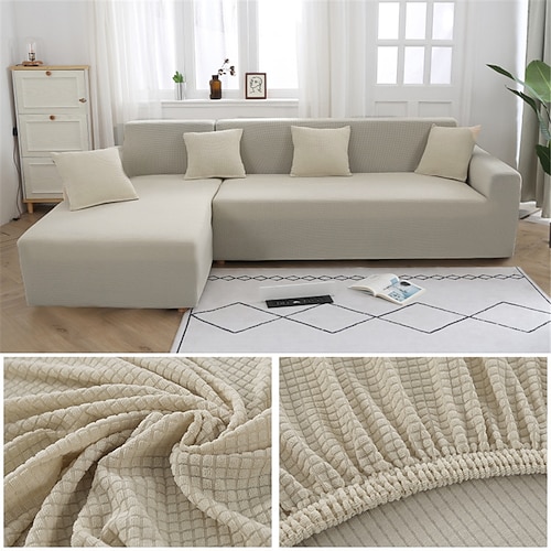 Stretch-Sofabezug, Schonbezug, Jacquard, elastisch, Sofagarnitur, Sessel, Zweisitzer, 4- oder 4- oder 3-Sitzer, Burgunderrot, L-Form, Weiß, Grau, Schwarz, einfarbig, weich, strapazierfähig, waschbar Image