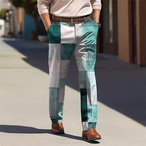 Karierte/karierte Business-Casual-Herren-Business-Anzughose mit 3D-Druck, flache Vorderseite, gerades Bein, entspannte Passform, Polyester-Hose mit mittlerer Taille, Outdoor-Streetwear für die Image