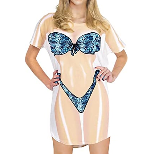 Damen-Bikinihemd-Vertuschungskleid lustiger süßer Bikinidruck für Badebekleidung Kurzarm 3D-Grafik Baggy-Badebekleidungsvertuschung Image