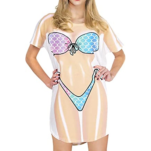 Damen-Bikinihemd-Vertuschungskleid lustiger süßer Bikinidruck für Badebekleidung Kurzarm 3D-Grafik Baggy-Badebekleidungsvertuschung Image