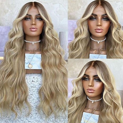 Remy Echthaar 13x4 Lace-Front-Perücke Mittelteil brasilianisches Haar gewellte blonde Perücke 130 % 150 % Dichte hervorgehoben / Balayage-Haar natürlicher Haaransatz vorgezupft für Frauen lange Image