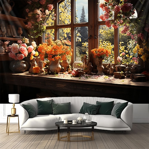 Blumen auf dem Fenster, Wandbehang, Wandteppich, Wandkunst, Wanddekoration, Fotografie, Hintergrund, Decke, Vorhang, Zuhause, Schlafzimmer, Wohnzimmer, Dekoration Wandtuch XXL Natur Image