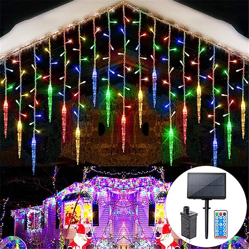 Eiszapfen-Lichterkette Außen Solar und Stecker 8 Modi 5M 216 LED 3,5M 96 LED Fernbedienung 24V Plug-in Lichterkette LED Vorhang Feen-Lichterkette für Gartenparty Timing Dimmung Image