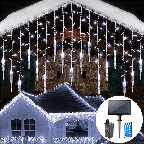 Eiszapfen-Lichterkette Außen Solar und Stecker 8 Modi 5M 216 LED 3,5M 96 LED Fernbedienung 24V Plug-in Lichterkette LED Vorhang Feen-Lichterkette für Gartenparty Timing Dimmung Image
