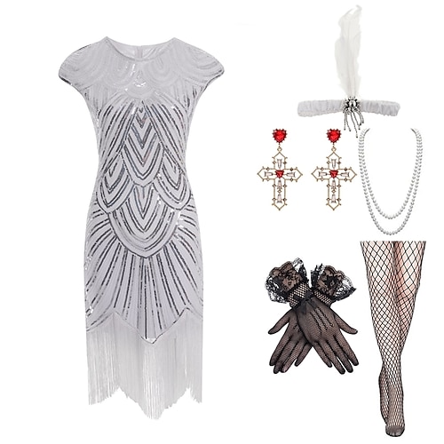 Goldene Zwanziger 1920er Knielang Kleid Flapper Kleid Outfits Cap-Ärmel Ärmellos Der große Gatsby Hochzeitsgast Pailletten Quastenfransen Pailletten Halloween Quaste Rundhals Rundausschnitt Kostüm Image