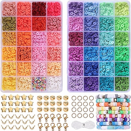 4800 Stück Tonperlen für die Herstellung von Armbändern, 48 Farben, flache, runde Heishi-Perlen aus Fimo für die Schmuckherstellung, für Mädchen von 8–12 Jahren, Preppy, Geschenkpackung Image
