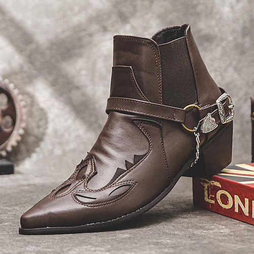 Schwarze Western-Motorradstiefel aus Leder für Herren – gesticktes Design mit Metallschnalle und Kette für Biker- und Modebekleidung Image