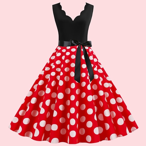 Polka Dots 1950er Jahre Grease Outfits Cocktailkleid Knielanges Kleid Rockabilly Schwingkleid Polka Dot V-Ausschnitt Schickes Kleid Damen Weihnachten Halloween Karneval Abend Party Erwachsenen Kleid Image