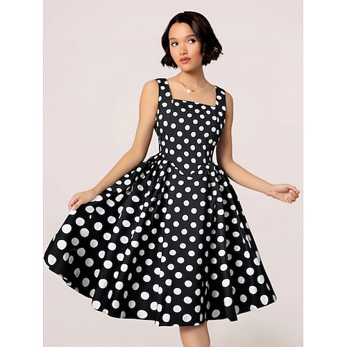 Retro Vintage 1950er Rockabilly Knielang Swing-Kleid Ausgestelltes Kleid Ärmellos Tupfen Kostüm Damen Karneval Maskerade Party / Abend Alltagskleidung Lässig Erwachsene Kleid Frühling Sommer Image