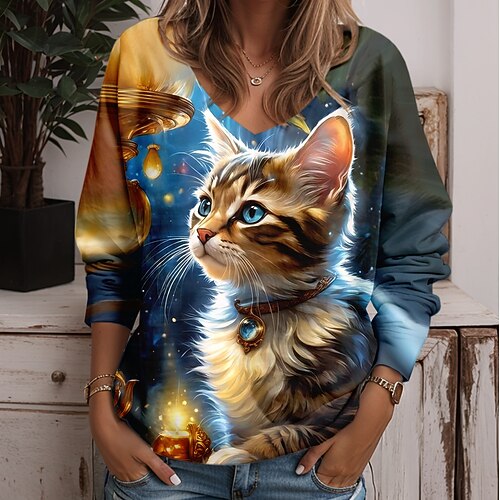 Damen Tunika T-Shirt Tier Katze Mode lustig langärmlig V-Ausschnitt reguläre Tops täglich Wochenende Druck gelb blau lila grün hellblau Frühling Herbst Image