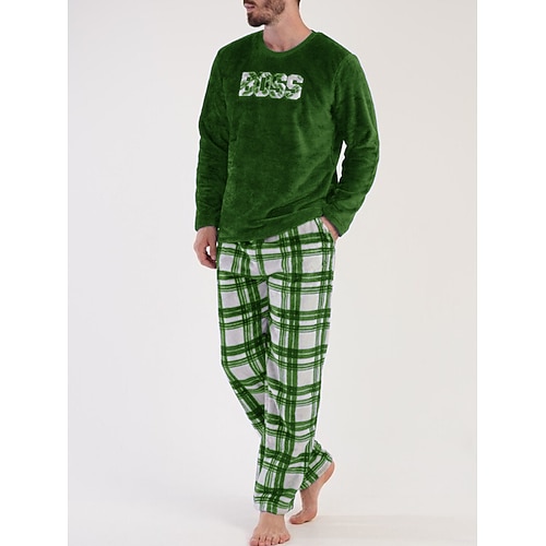 Herren Hausanzug Schlafanzüge Schlafanzug Set Pyjama-Oberteil und Hose 2 Stück Plaid Stilvoll Brautkleider schlicht Komfort Heim Täglich Flanell Komfort Rundhalsausschnitt Langarm Pullover Hose Image