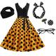 Damen-Rockabilly-Kleid in A-Linie, gepunktet, Swing-Kleid, ausgestelltes Kleid mit Zubehör-Set, 1950er-60er-Jahre, Retro-Vintage-Stil, mit Stirnband, Schal, Ohrringen, Katzenaugenbrille, 5 Stück für