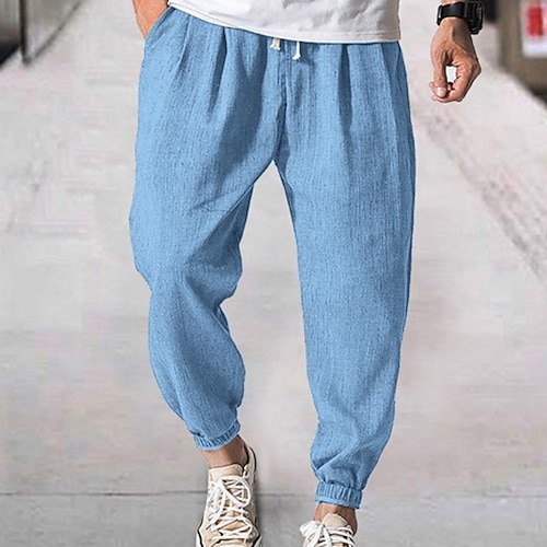 Herren Jogginghose Leinenhosen Hose Sommerhose Kordelzug Elastischer Bund Einfach Komfort Weich Täglich Strand Mode Streetwear Cachi scuro Schwarz Mikroelastisch Image