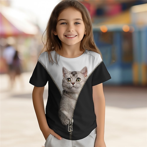 Mädchen 3D Katze T-Shirt Hemden Kurzarm 3D-Druck Sommer Aktiv Modisch Kuschelig Polyester kinderkleidung 3-12 Jahre Rundhalsausschnitt Outdoor Casual Täglich Regular Fit Image