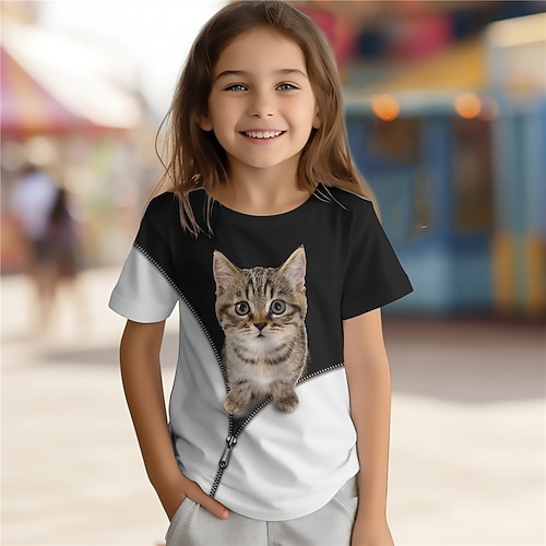 Mädchen 3D Katze T-Shirt Hemden Kurzarm 3D-Druck Sommer Aktiv Modisch Kuschelig Polyester kinderkleidung 3-12 Jahre Rundhalsausschnitt Outdoor Casual Täglich Regular Fit Image