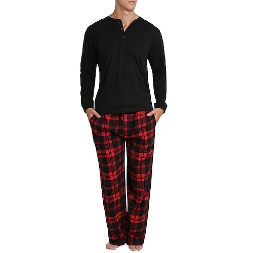 Herren Hausanzug Schlafanzüge Schlafanzug Set Pyjama-Oberteil und Hose 2 Stück Plaid Stilvoll Brautkleider schlicht Komfort Heim Täglich Baumwollmischung Komfort Henley Langarm T Shirt Hose Kordelzug Image