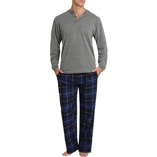 Herren Hausanzug Schlafanzüge Schlafanzug Set Pyjama-Oberteil und Hose 2 Stück Plaid Stilvoll Brautkleider schlicht Komfort Heim Täglich Baumwollmischung Komfort Henley Langarm T Shirt Hose Kordelzug Image
